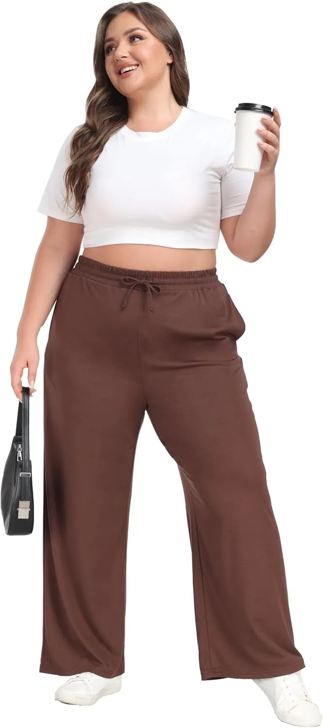 Cheapestbuy Women's Plus Size Casual Pants Comfy Wide Leg Pants Stretchy Loose Fit Lounge Pants with Pockets