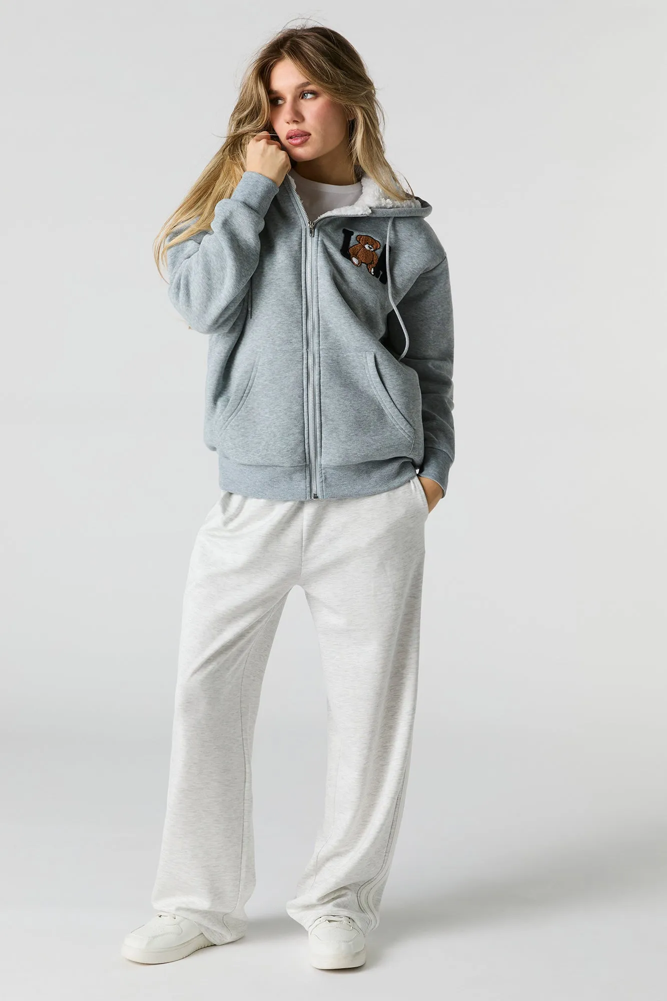 Chenille Embroidered Faux Fur Lined Fleece Hoodie