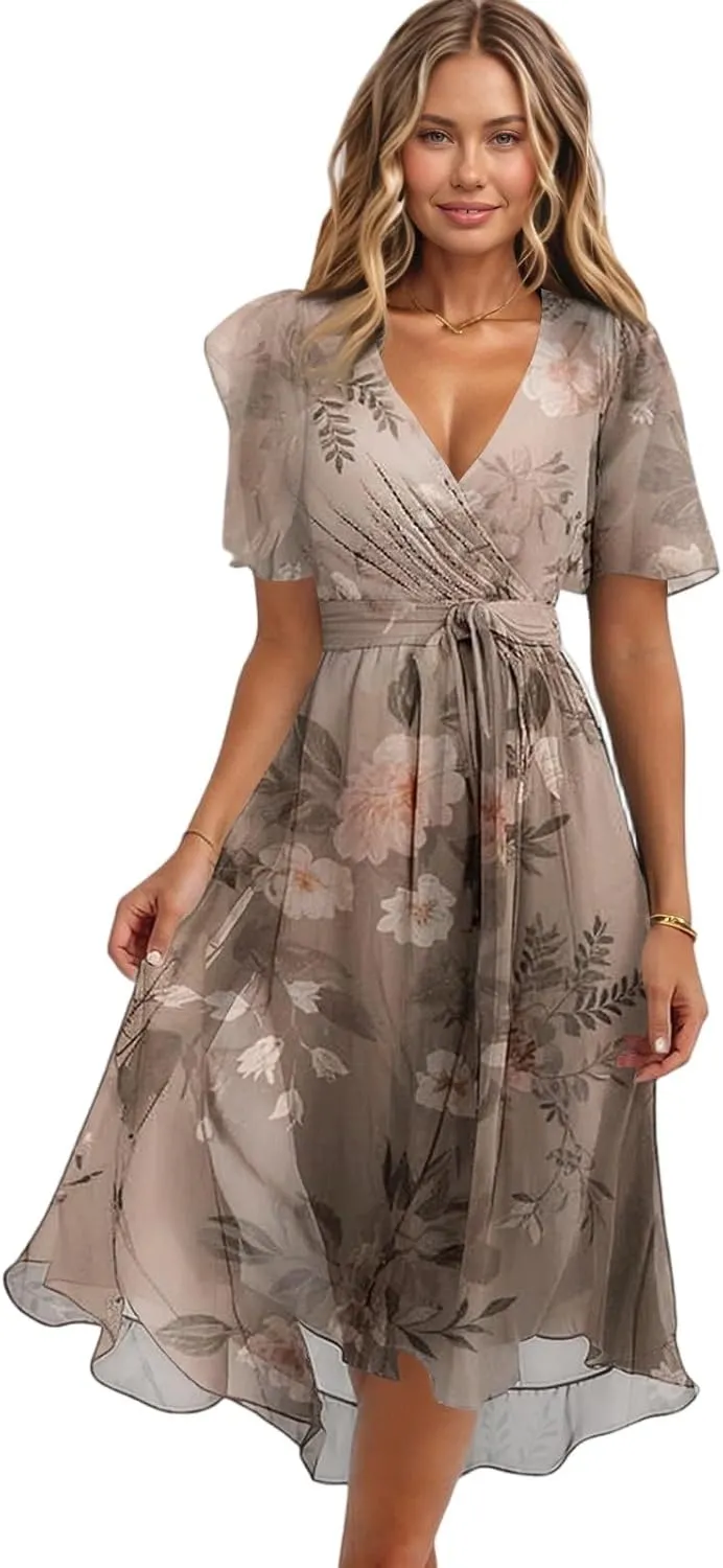 Chiffon Dresses for Women,Flowy Wrap Wedding Guest Cocktail Prom Womens Spring Summer Dress Sexy Midi Dresses