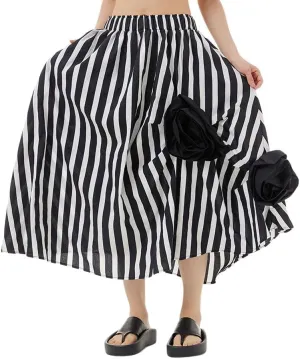 chouyatou Women's Cute 3D Floral Applique Baggy Skirt Elastic Waist Irregular Swing Midi Long Skirt with Pockets