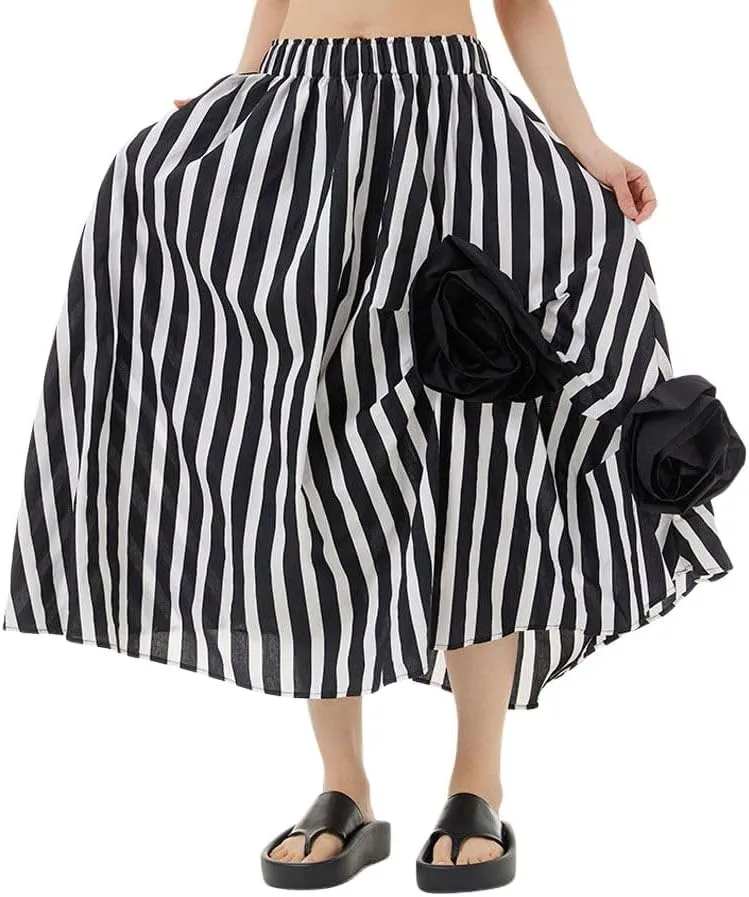 chouyatou Women's Cute 3D Floral Applique Baggy Skirt Elastic Waist Irregular Swing Midi Long Skirt with Pockets