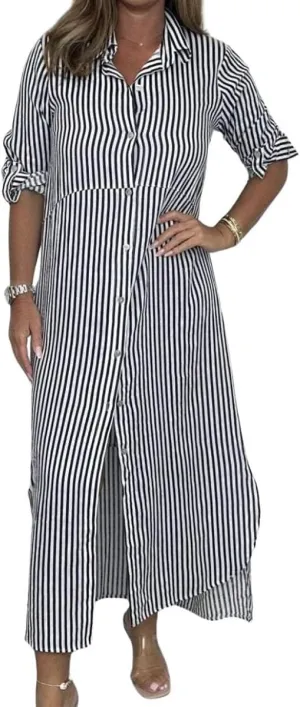 chouyatou Women's Long Sleeve Striped Shirt Dress Casual Loose Button Down Maxi Long Tunic Dress