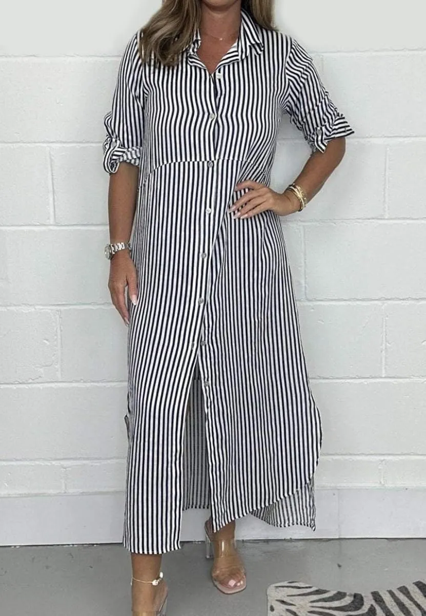 chouyatou Women's Long Sleeve Striped Shirt Dress Casual Loose Button Down Maxi Long Tunic Dress