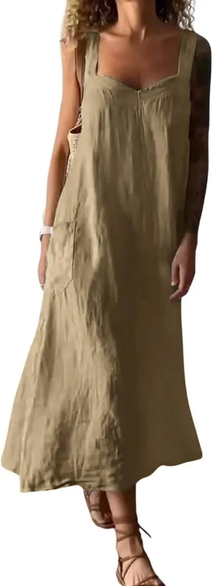 chouyatou Women's Summer Spaghetti Strap Sleeveless Linen Overall Dress Casual A-Line Midi Long Beach Dress