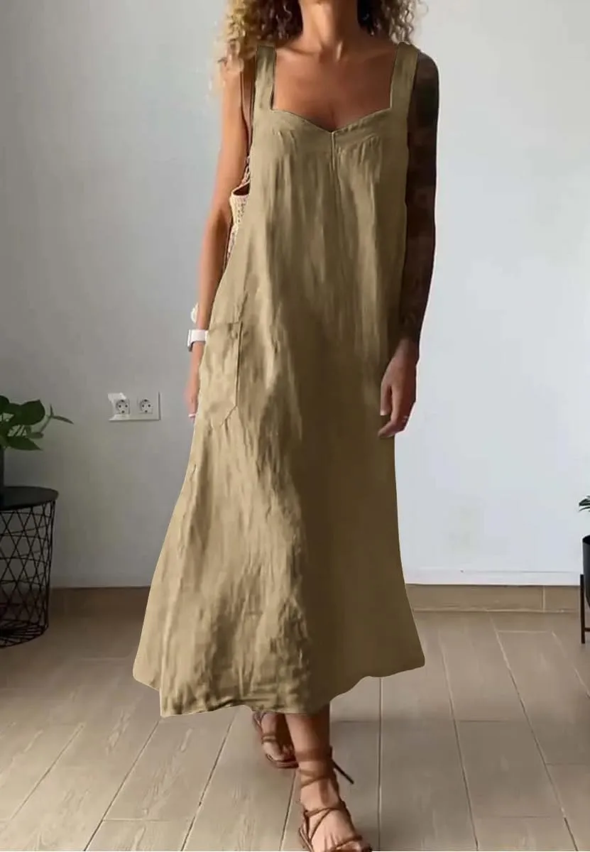 chouyatou Women's Summer Spaghetti Strap Sleeveless Linen Overall Dress Casual A-Line Midi Long Beach Dress