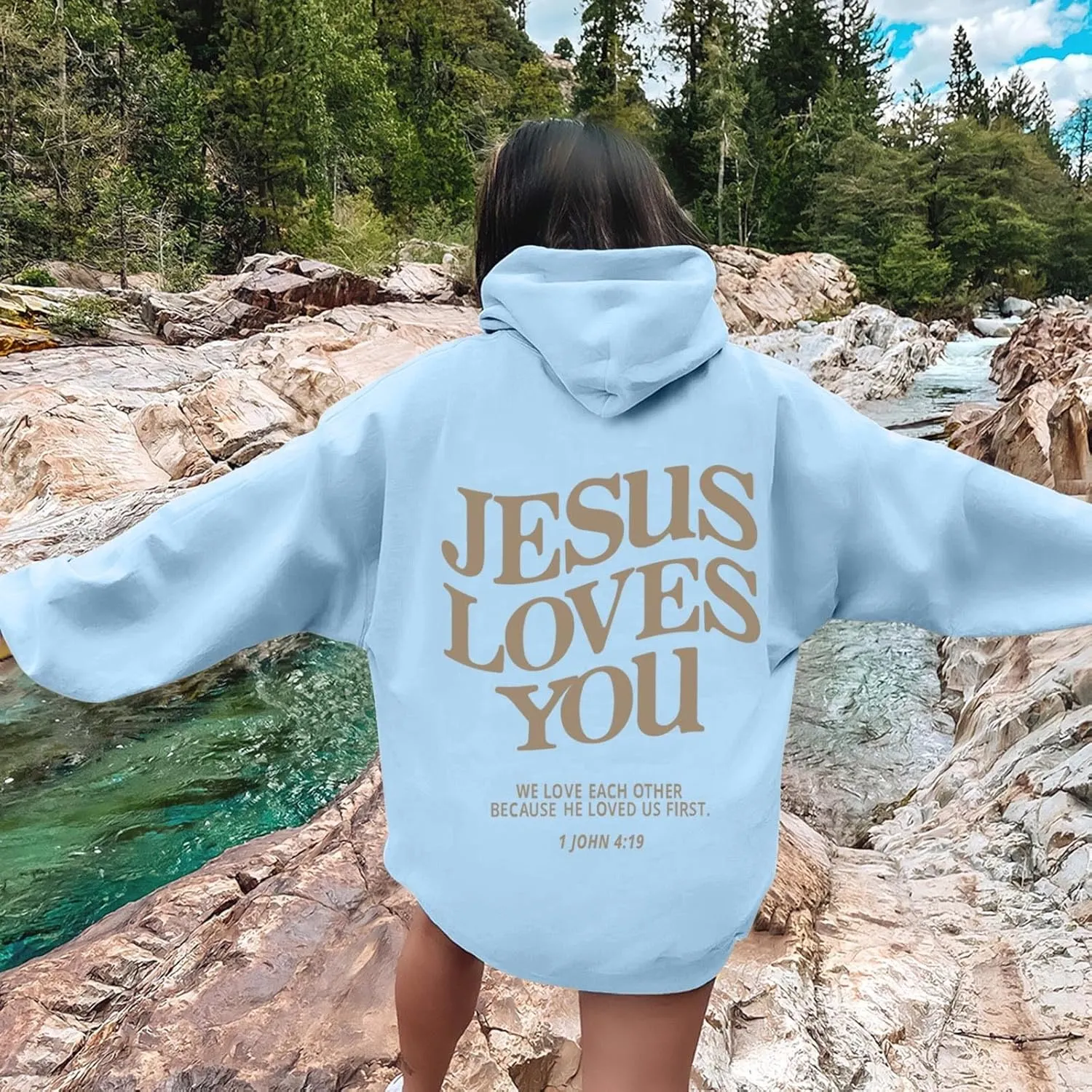Christian Hoodies Women Men Jesus Loves You Letter Graphic Sweatshirt Casual Long Sleeve Oversized Y2k Pullover Tops