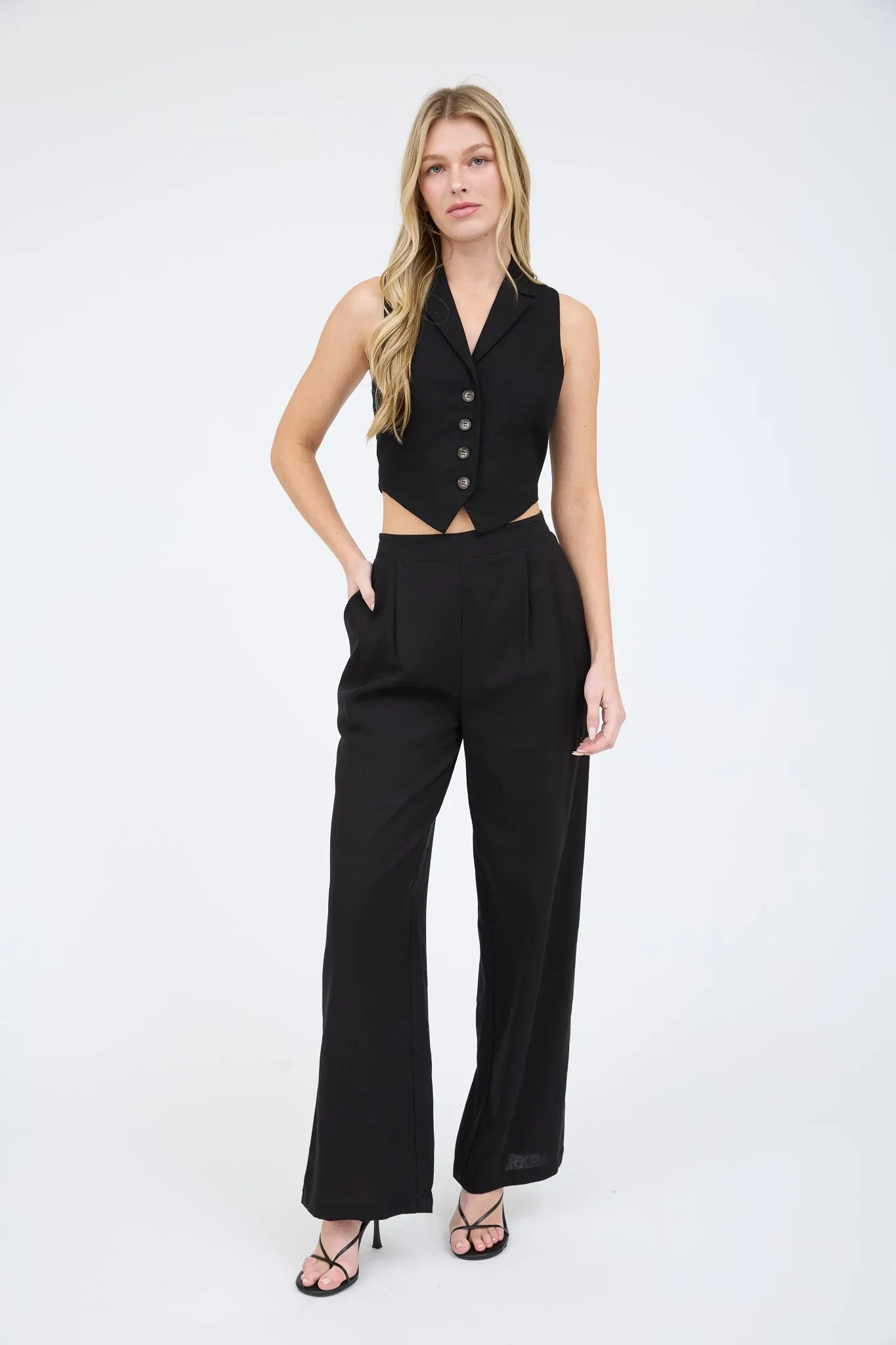 COLLARED BUTTON DOWN CROPPED VEST BLOUSE
