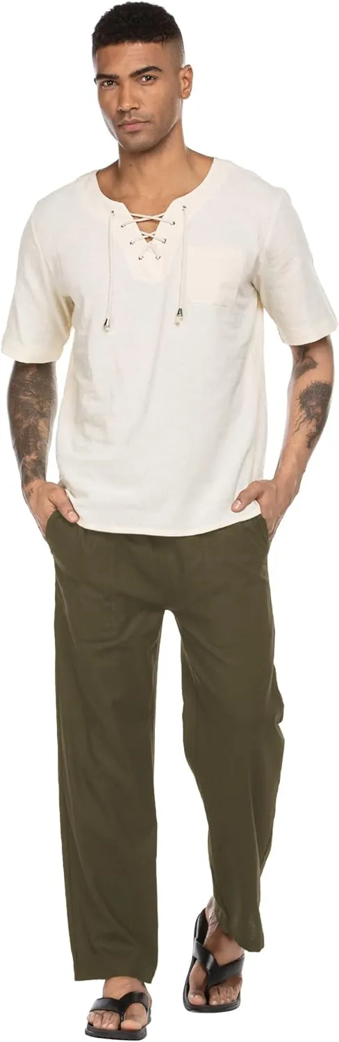 COOFANDY Mens Casual Linen Pants Elastic Waist Linen Pants Drawstring Summer Beach Yoga Linen Trouser