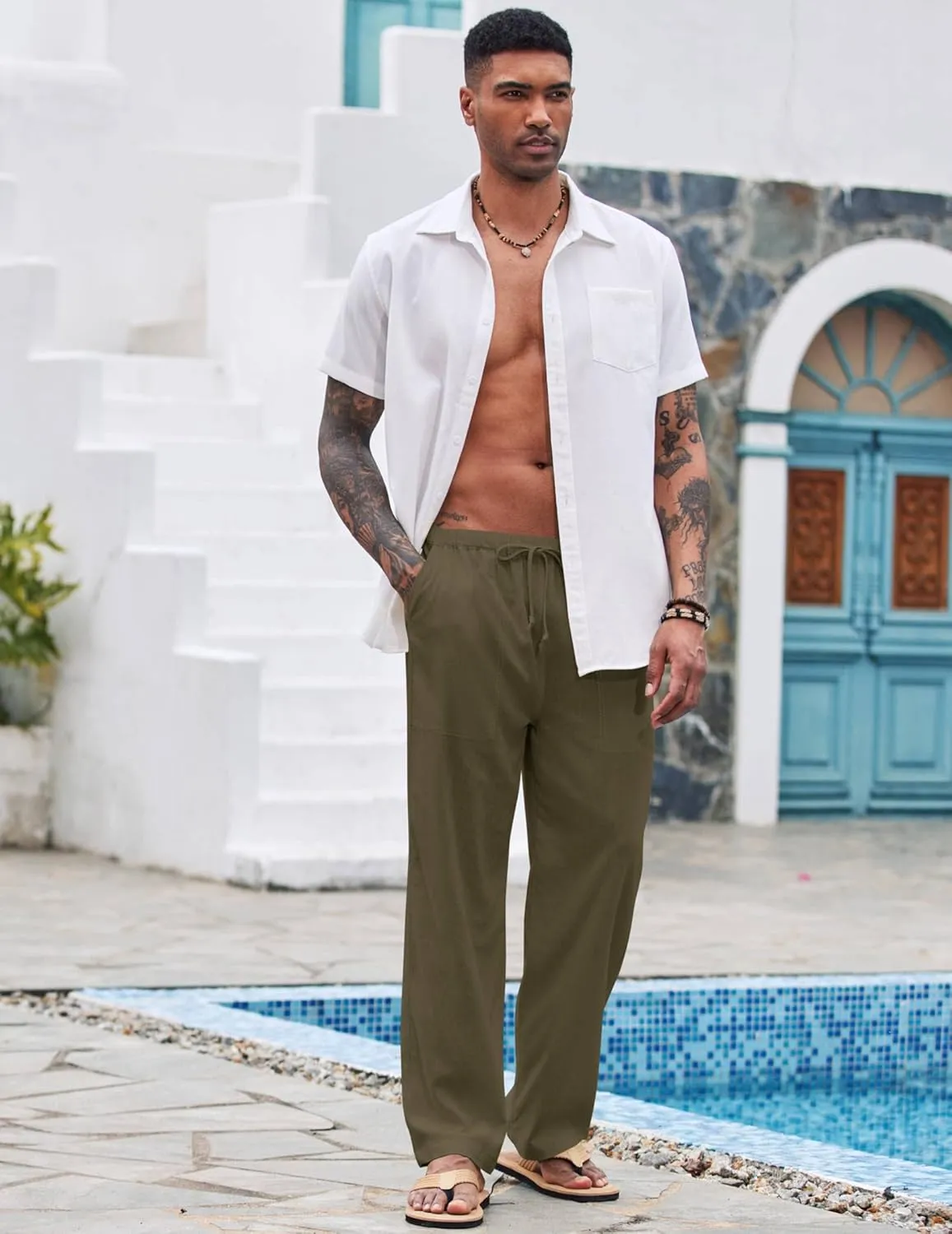 COOFANDY Mens Casual Linen Pants Elastic Waist Linen Pants Drawstring Summer Beach Yoga Linen Trouser