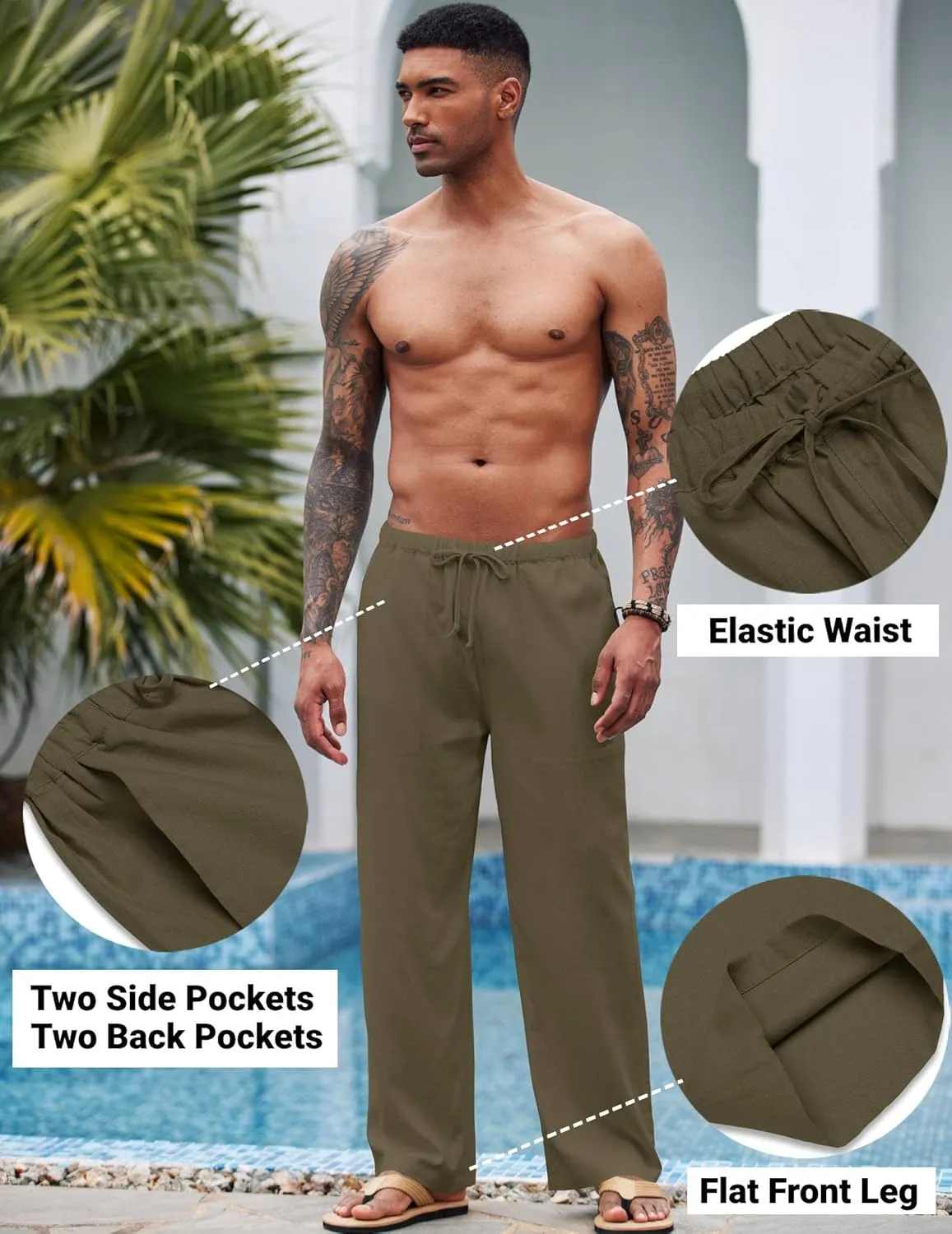 COOFANDY Mens Casual Linen Pants Elastic Waist Linen Pants Drawstring Summer Beach Yoga Linen Trouser