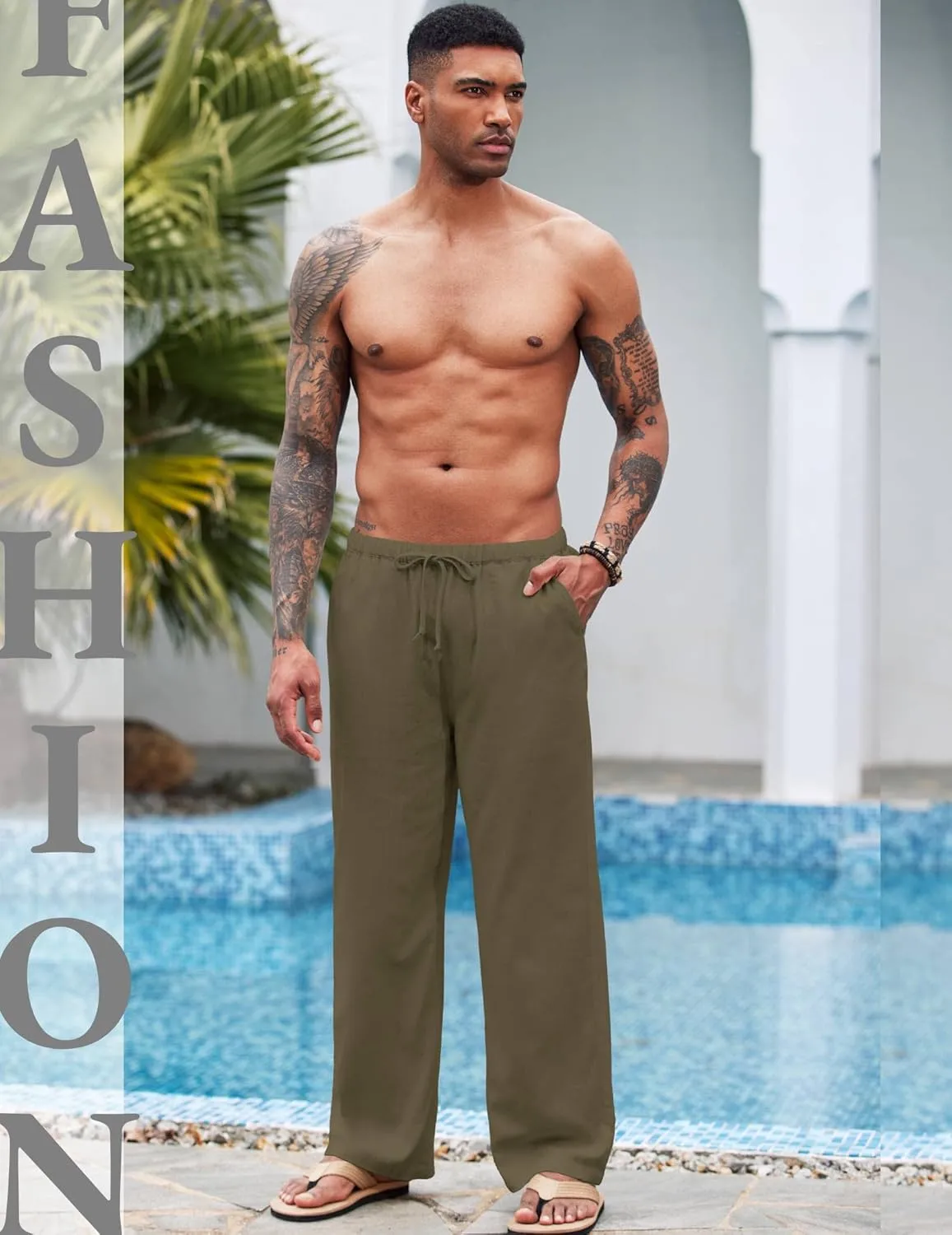 COOFANDY Mens Casual Linen Pants Elastic Waist Linen Pants Drawstring Summer Beach Yoga Linen Trouser