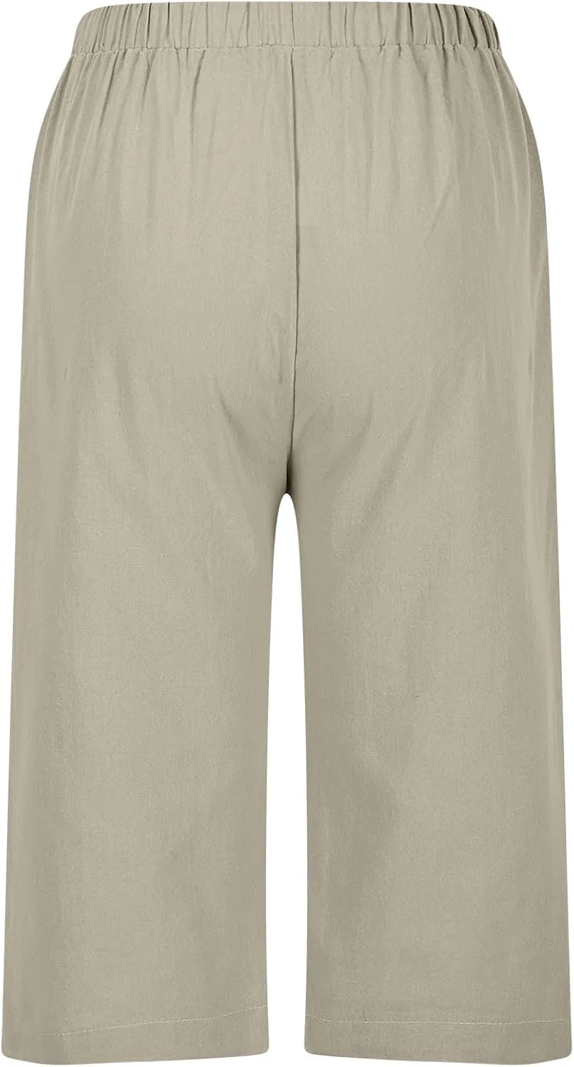 Cotton Linen Capri Wide Leg Pants for Women Casual Summer Straight Palazzo Pant Loose Fit Comfy Beach Cropped Trouser