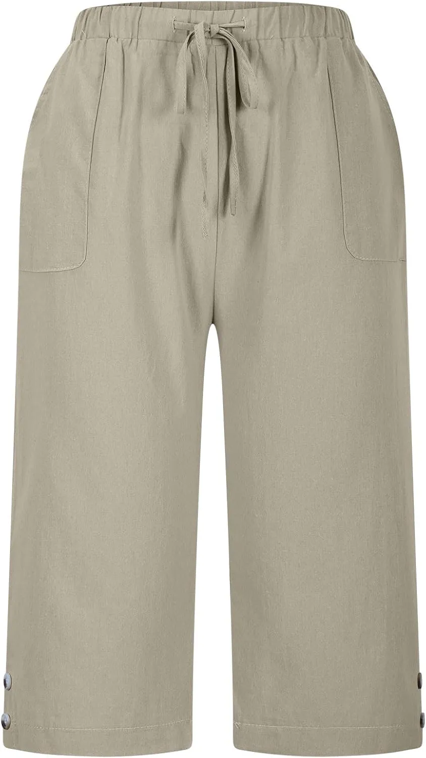 Cotton Linen Capri Wide Leg Pants for Women Casual Summer Straight Palazzo Pant Loose Fit Comfy Beach Cropped Trouser