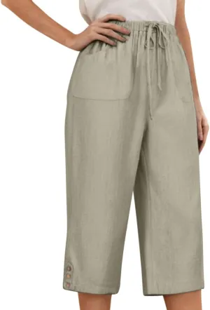 Cotton Linen Capri Wide Leg Pants for Women Casual Summer Straight Palazzo Pant Loose Fit Comfy Beach Cropped Trouser