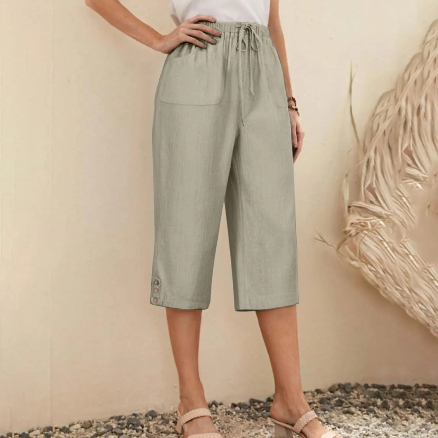 Cotton Linen Capri Wide Leg Pants for Women Casual Summer Straight Palazzo Pant Loose Fit Comfy Beach Cropped Trouser