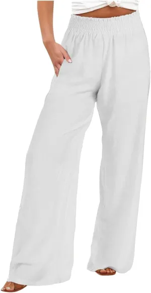 Cotton Linen Palazzo Pants for Women Baggy High Waisted Dress Pants Casual Flowy Beach Wide Leg Pants with Pockets