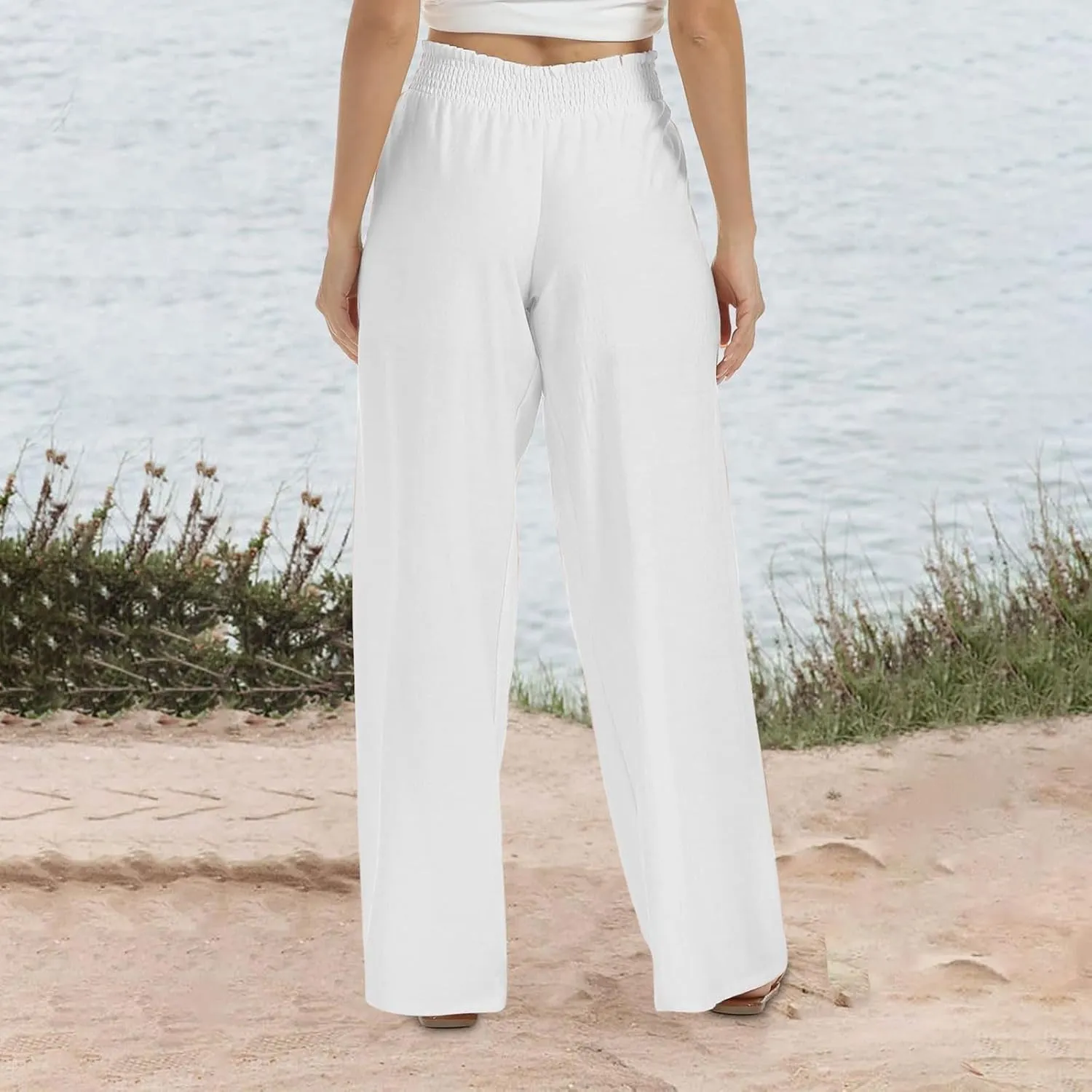 Cotton Linen Palazzo Pants for Women Baggy High Waisted Dress Pants Casual Flowy Beach Wide Leg Pants with Pockets