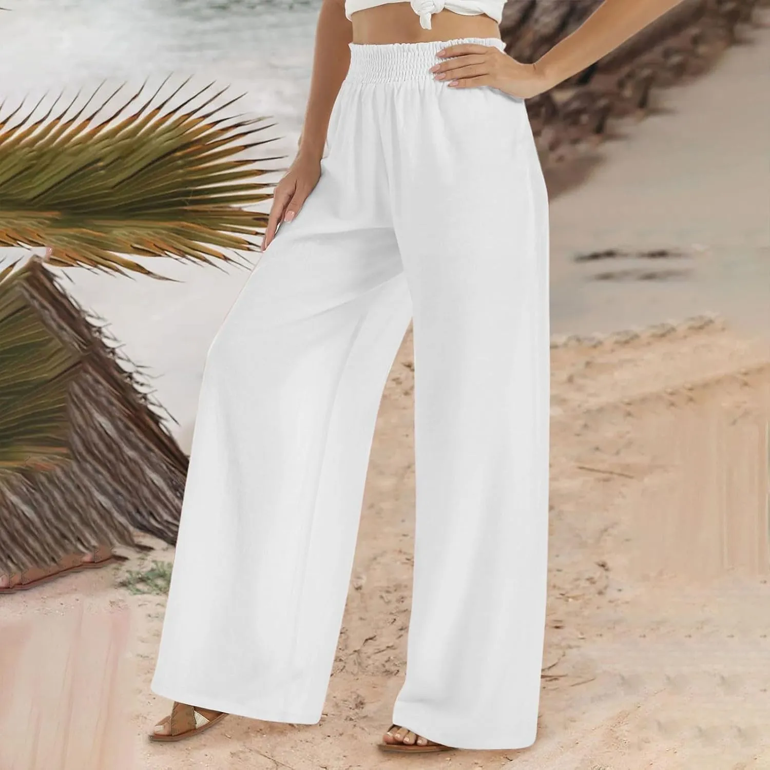 Cotton Linen Palazzo Pants for Women Baggy High Waisted Dress Pants Casual Flowy Beach Wide Leg Pants with Pockets