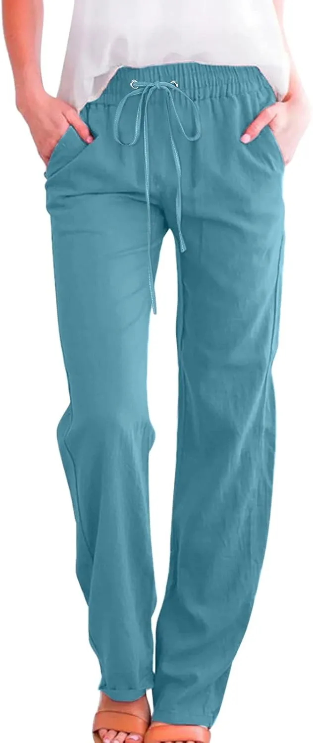 Cotton Linen Pants for Women Casual High Waist Drawstring Loose Straight Wide Leg Lounge Baggy Trousers with Pockets