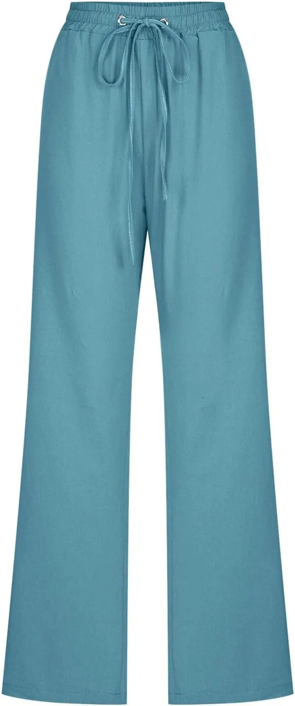 Cotton Linen Pants for Women Casual High Waist Drawstring Loose Straight Wide Leg Lounge Baggy Trousers with Pockets