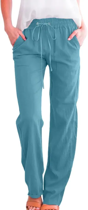 Cotton Linen Pants for Women Casual High Waist Drawstring Loose Straight Wide Leg Lounge Baggy Trousers with Pockets