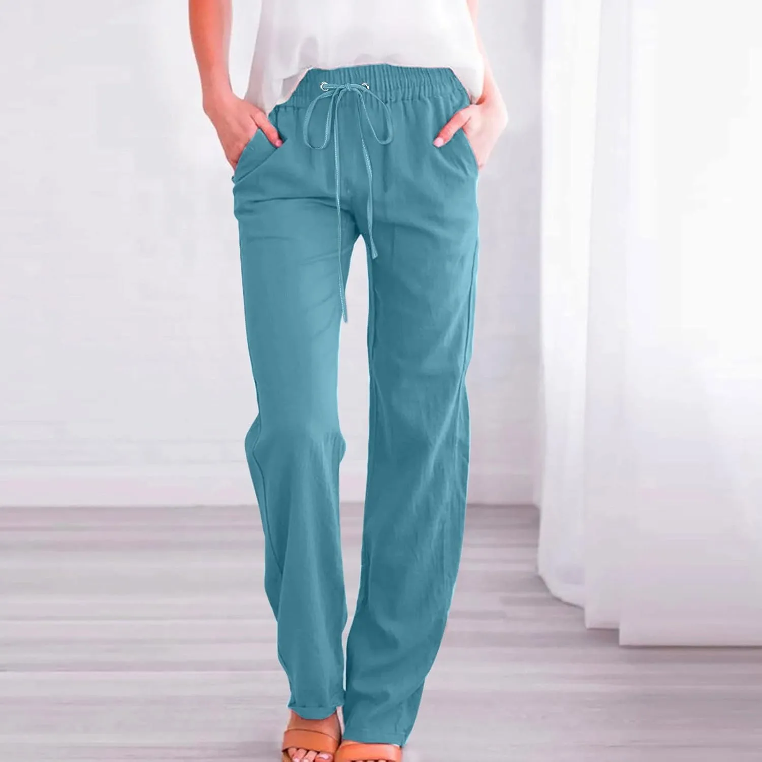 Cotton Linen Pants for Women Casual High Waist Drawstring Loose Straight Wide Leg Lounge Baggy Trousers with Pockets