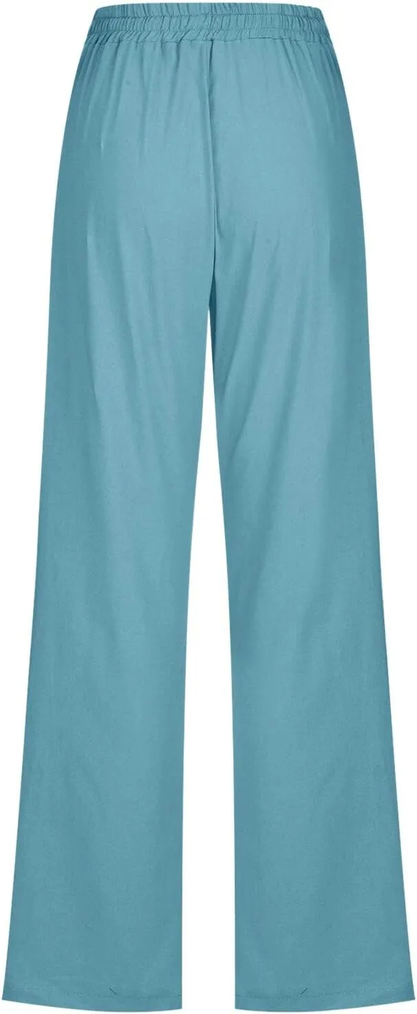 Cotton Linen Pants for Women Casual High Waist Drawstring Loose Straight Wide Leg Lounge Baggy Trousers with Pockets