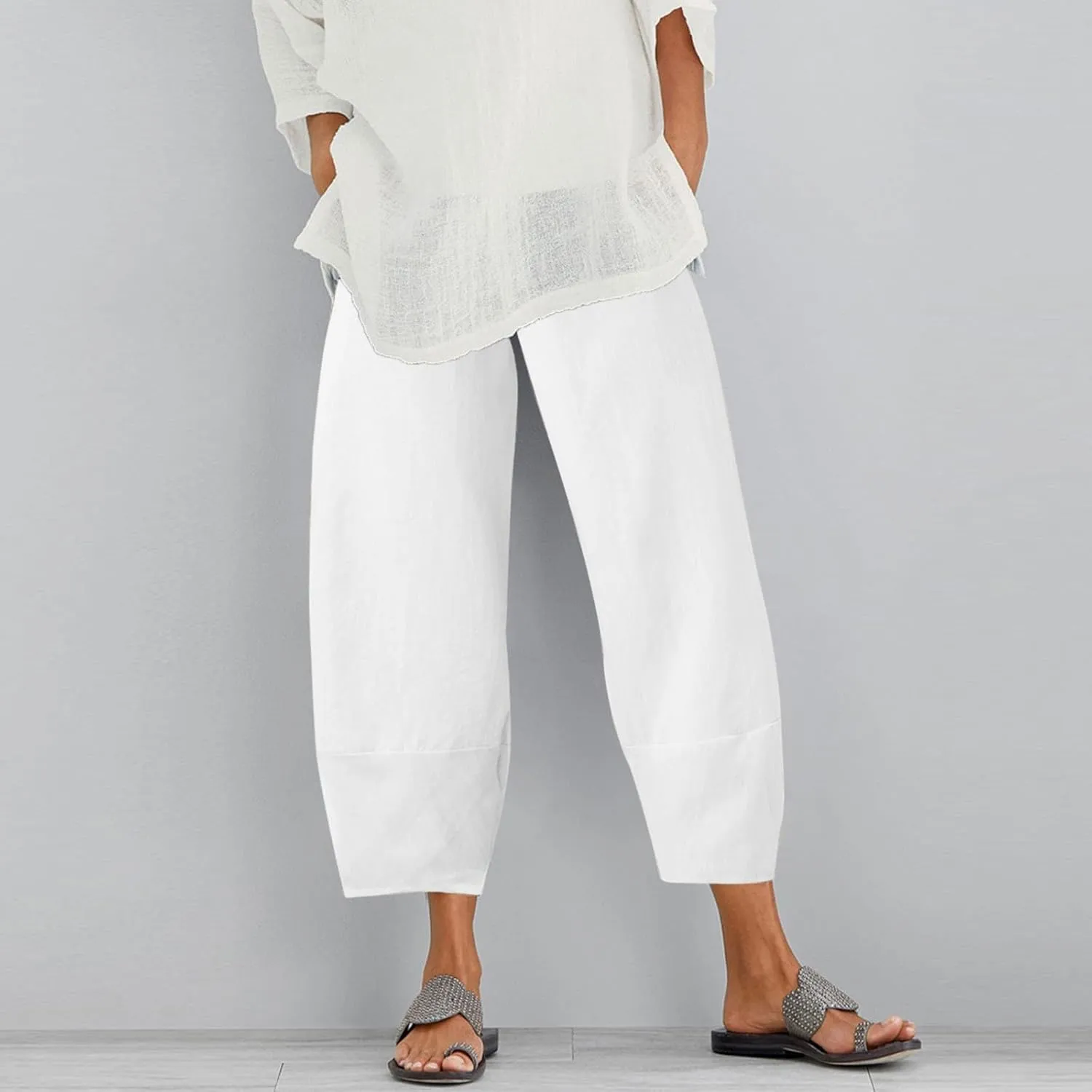 Cotton Linen Pants for Women Summer 2025 Casual Capri Pants with Pockets Cropped High Waisted Loose Fit Trousers