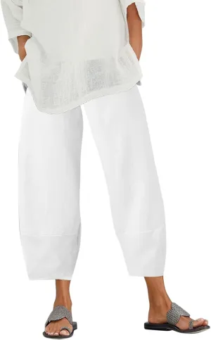 Cotton Linen Pants for Women Summer 2025 Casual Capri Pants with Pockets Cropped High Waisted Loose Fit Trousers