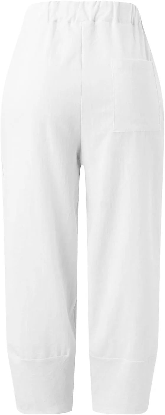 Cotton Linen Pants for Women Summer 2025 Casual Capri Pants with Pockets Cropped High Waisted Loose Fit Trousers
