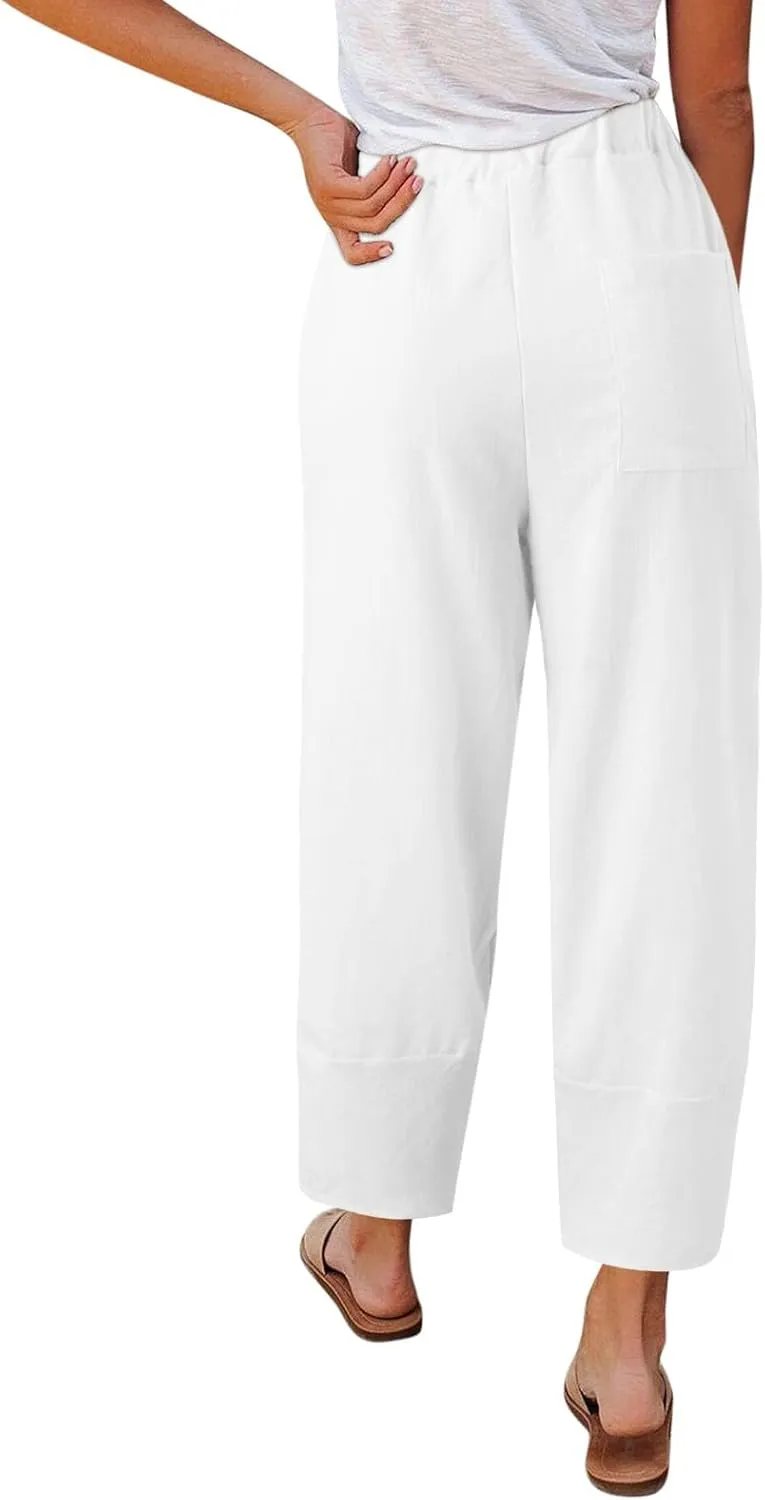 Cotton Linen Pants for Women Summer 2025 Casual Capri Pants with Pockets Cropped High Waisted Loose Fit Trousers