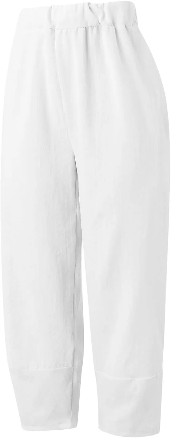 Cotton Linen Pants for Women Summer 2025 Casual Capri Pants with Pockets Cropped High Waisted Loose Fit Trousers