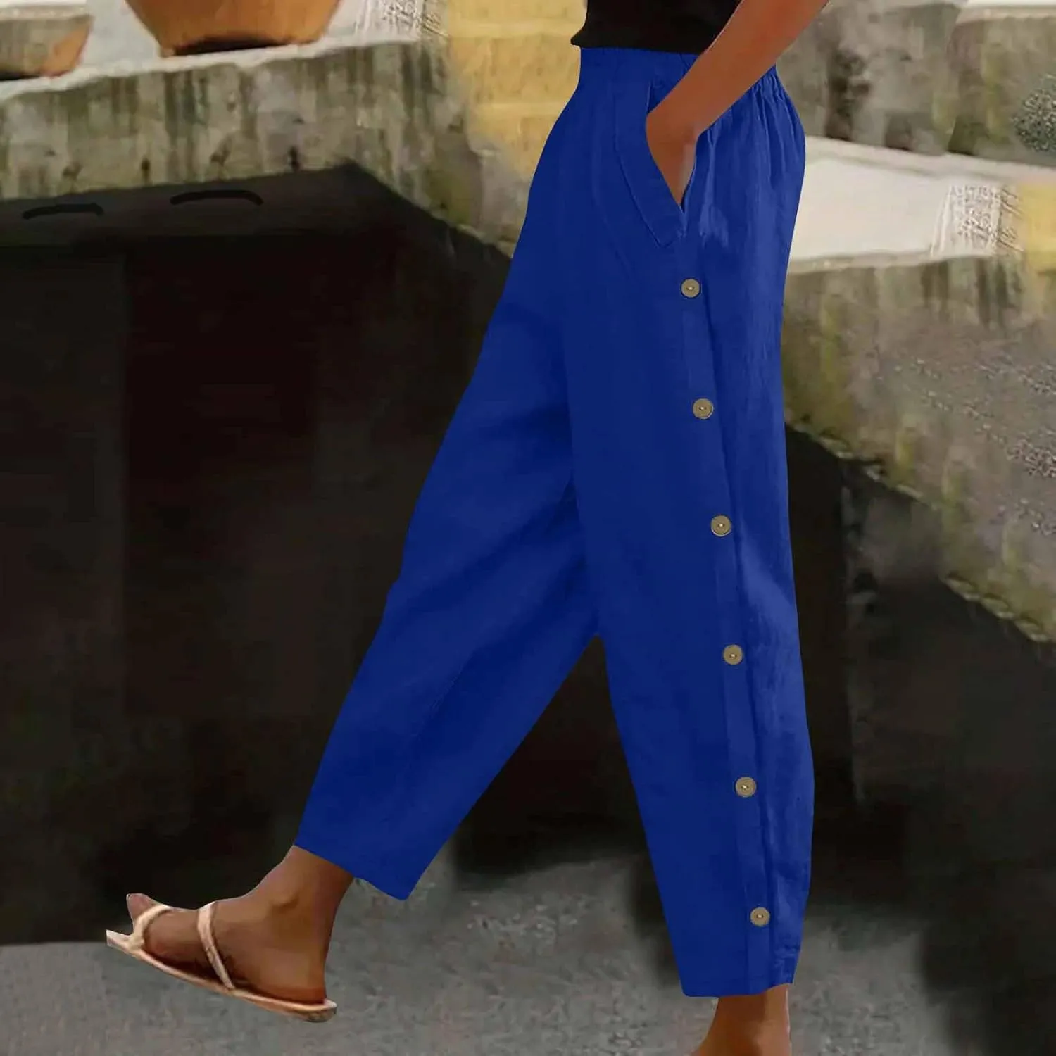 Cotton Linen Pants for Women Wide Leg Flowy Pants Summer Vacation Outfits Drawstring Elastic Waisted Trousers