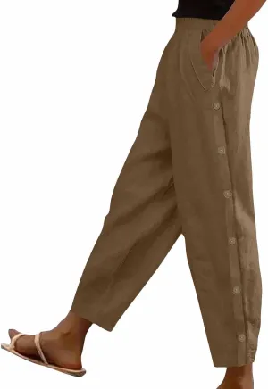 Cotton Linen Pants for Women Wide Leg Flowy Pants Summer Vacation Outfits Drawstring Elastic Waisted Trousers