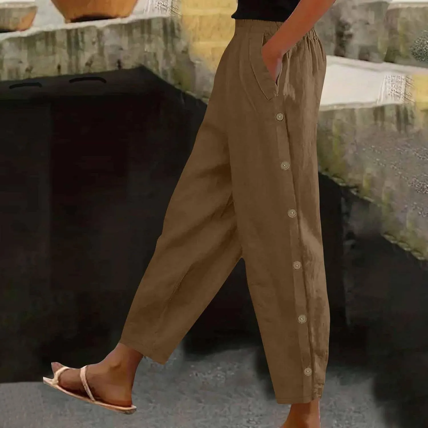 Cotton Linen Pants for Women Wide Leg Flowy Pants Summer Vacation Outfits Drawstring Elastic Waisted Trousers