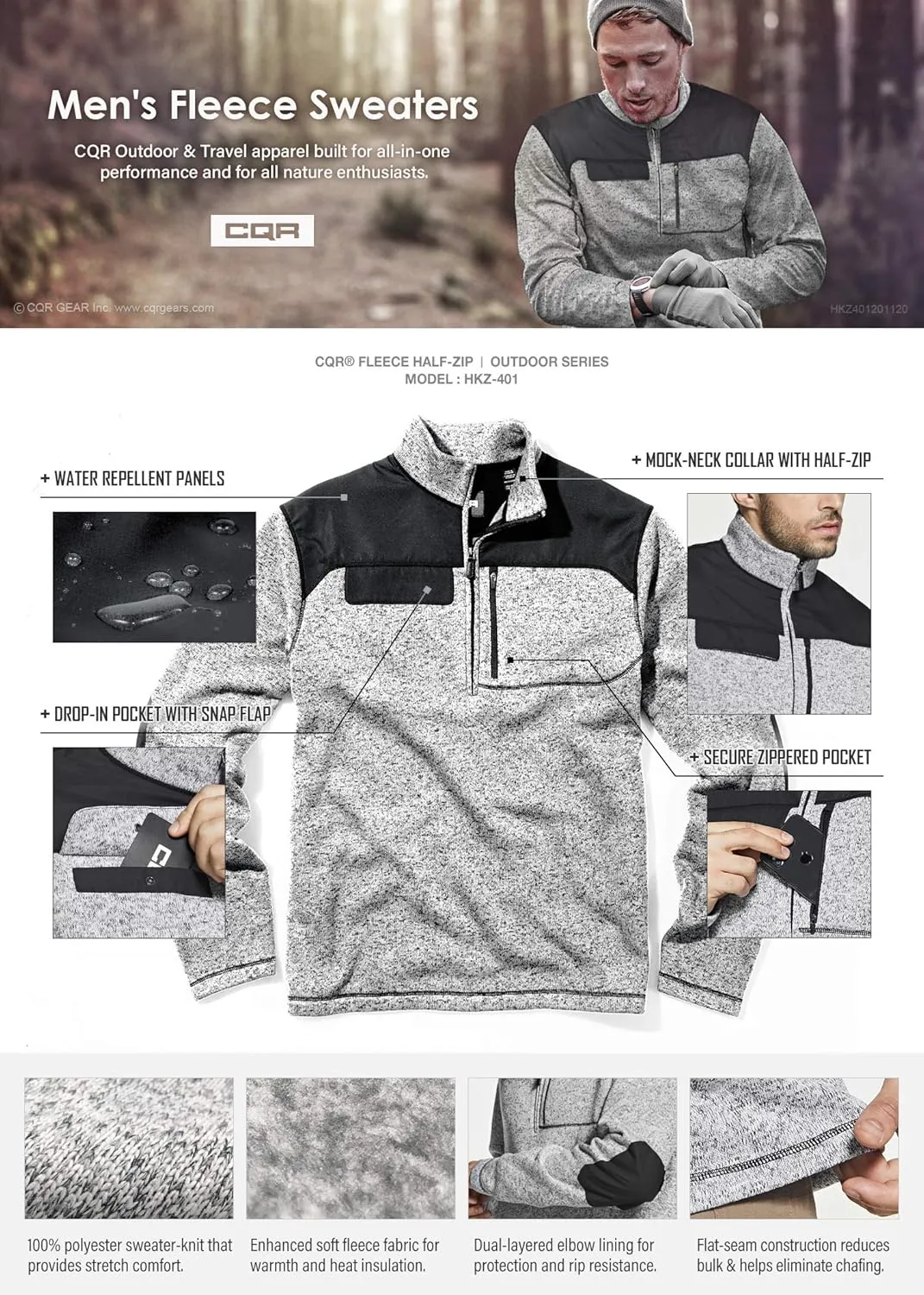 CQR Men's Thermal Fleece Half Zip Pullover, Winter Outdoor Warm Sweater, Lightweight Long Sleeve Sweatshirt