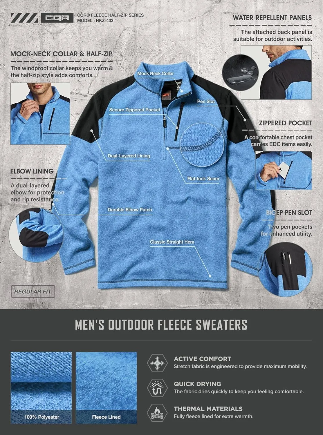 CQR Men's Thermal Fleece Half Zip Pullover, Winter Outdoor Warm Sweater, Lightweight Long Sleeve Sweatshirt