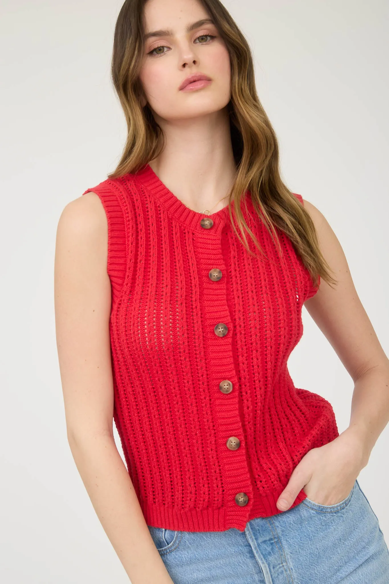 CREW NECK BUTTON DOWN SLEEVELESS KNIT CARDIGAN