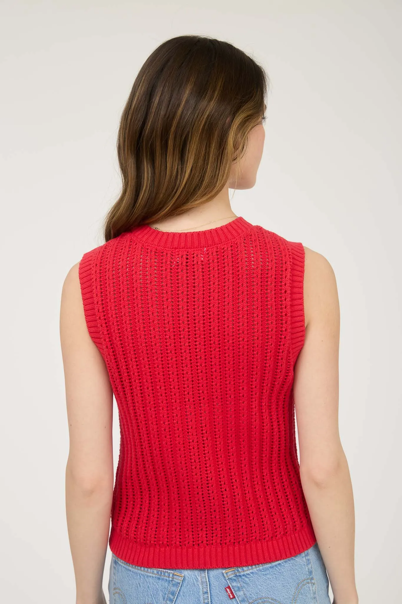 CREW NECK BUTTON DOWN SLEEVELESS KNIT CARDIGAN