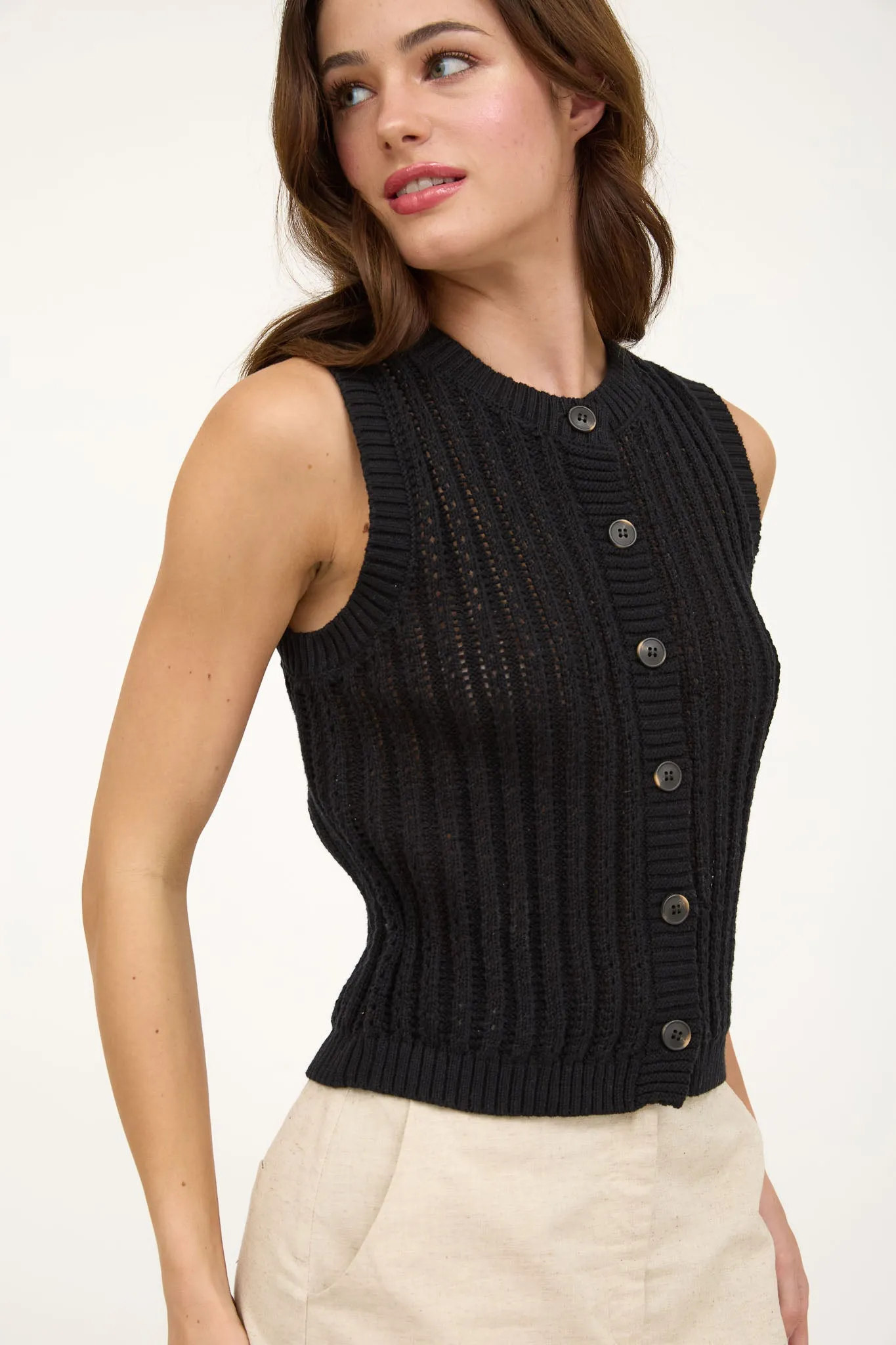 CREW NECK BUTTON DOWN SLEEVELESS KNIT CARDIGAN