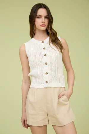 CREW NECK BUTTON DOWN SLEEVELESS KNIT CARDIGAN