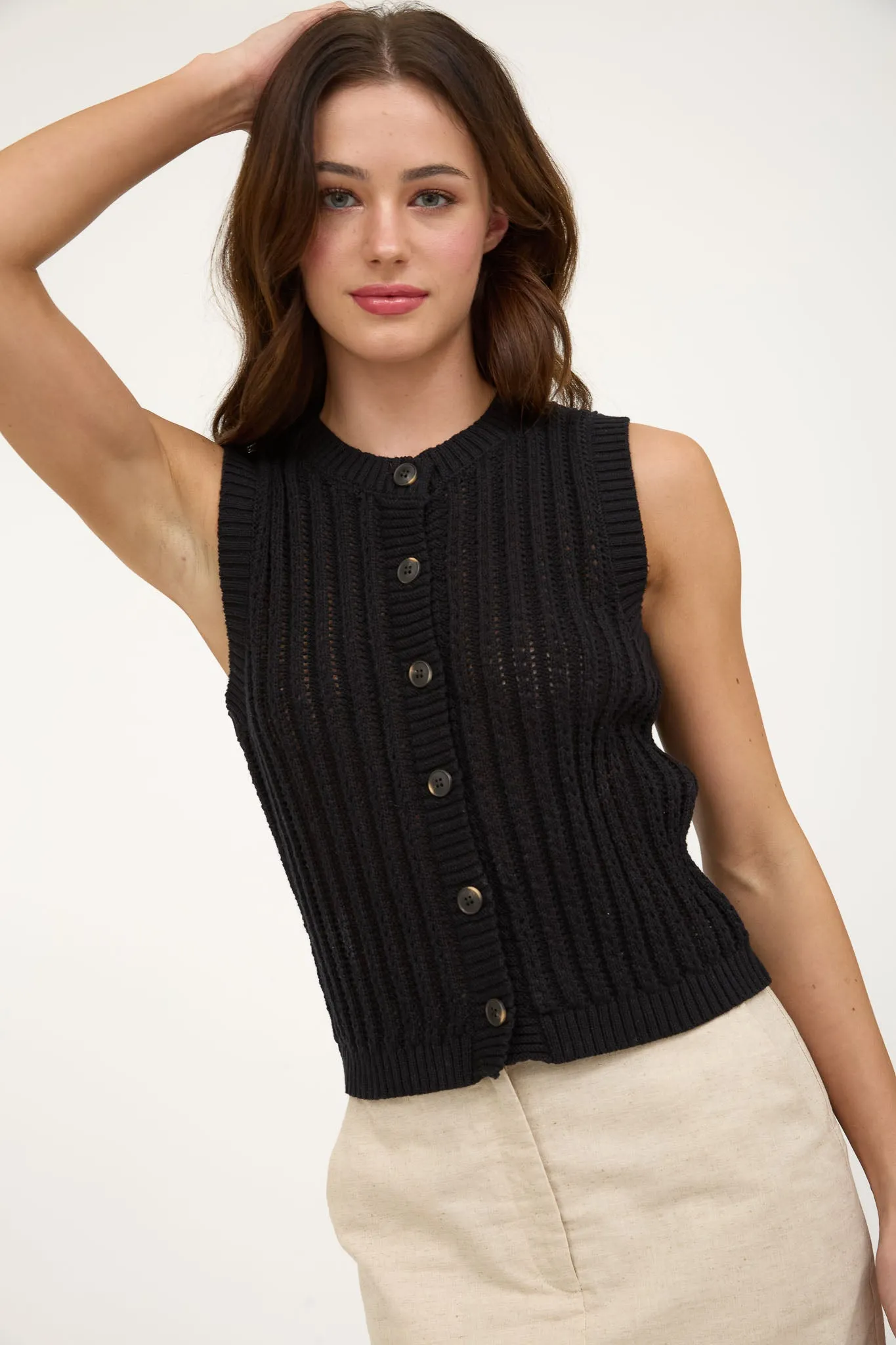 CREW NECK BUTTON DOWN SLEEVELESS KNIT CARDIGAN