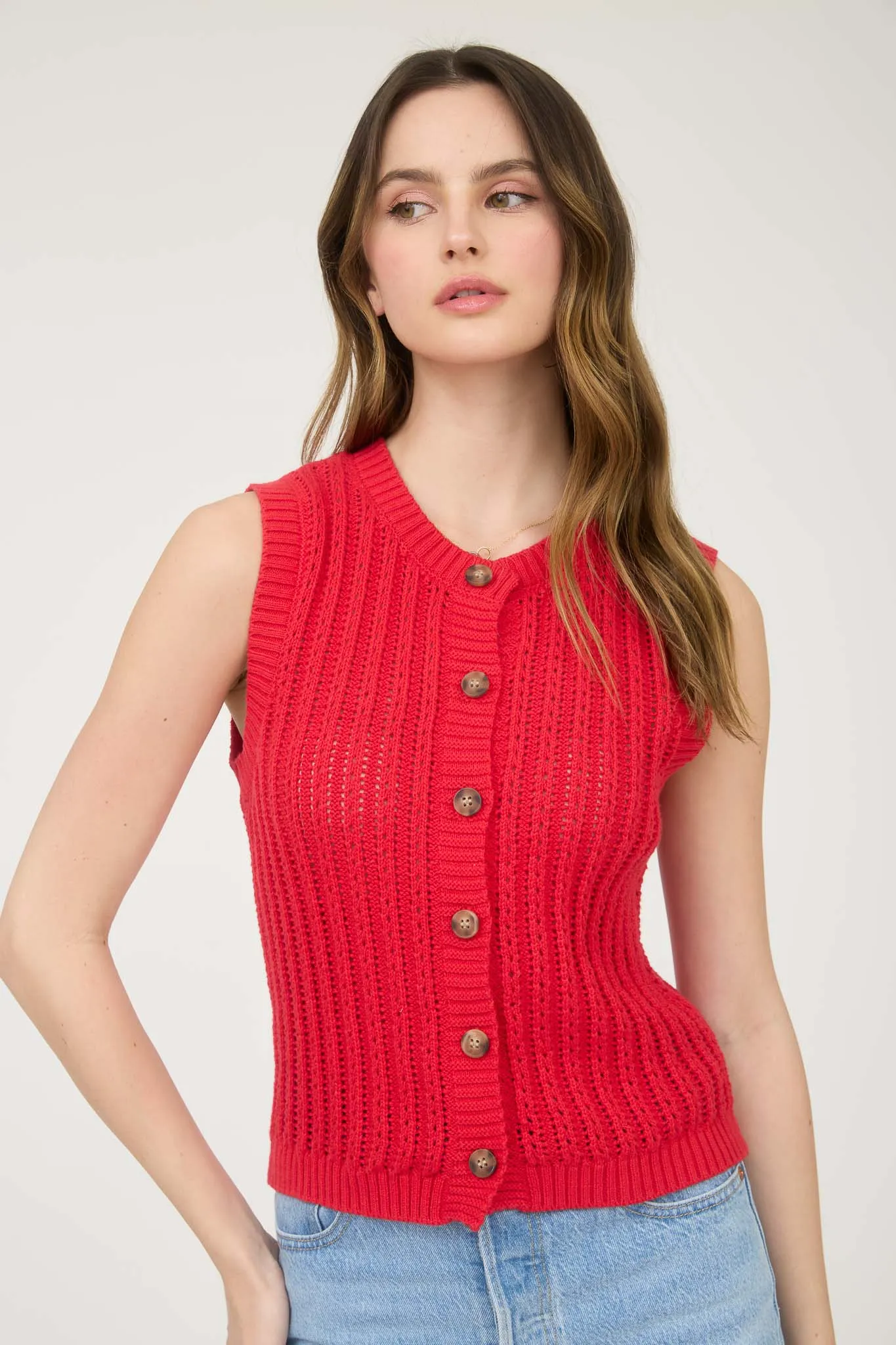 CREW NECK BUTTON DOWN SLEEVELESS KNIT CARDIGAN