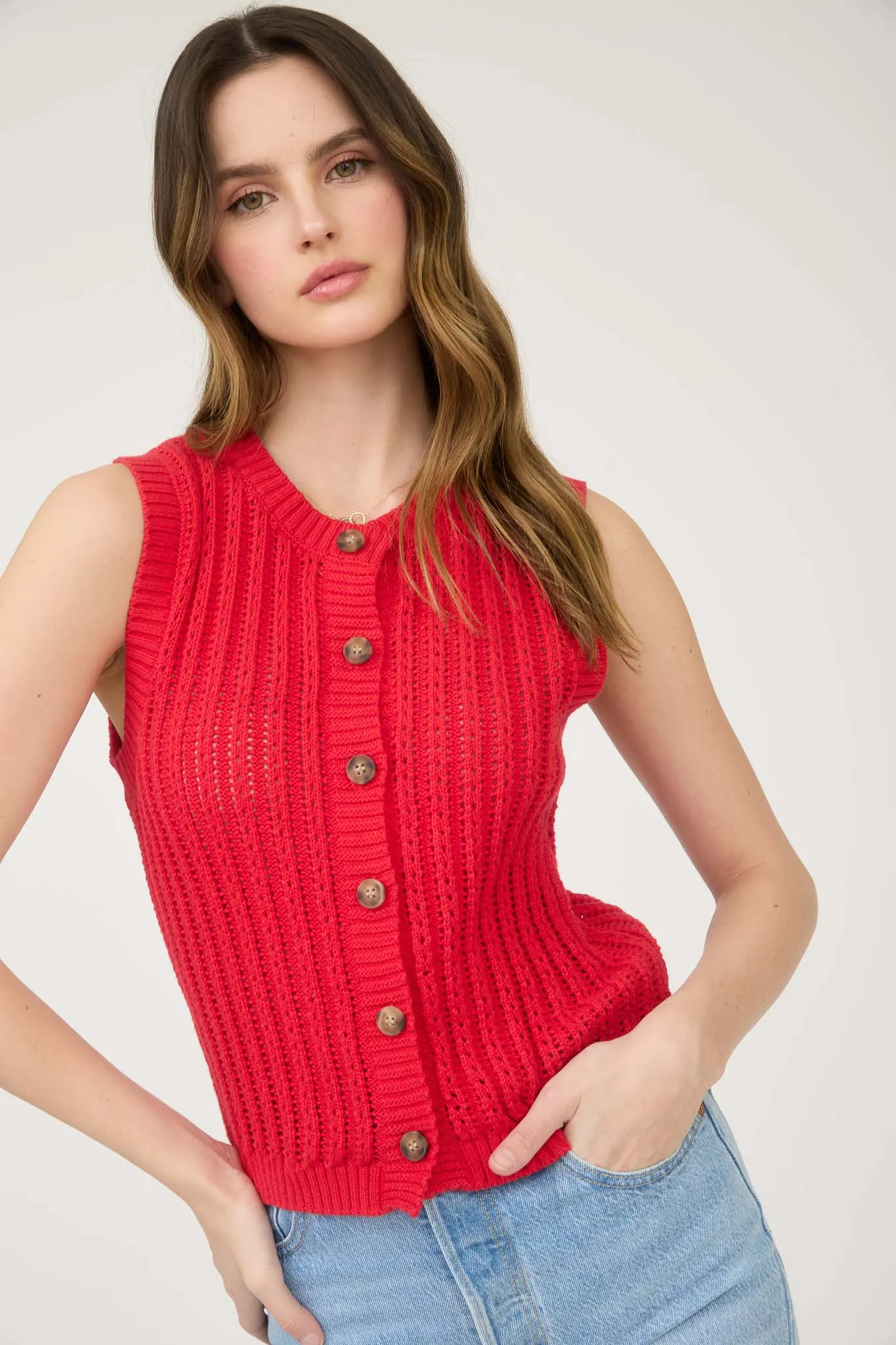 CREW NECK BUTTON DOWN SLEEVELESS KNIT CARDIGAN