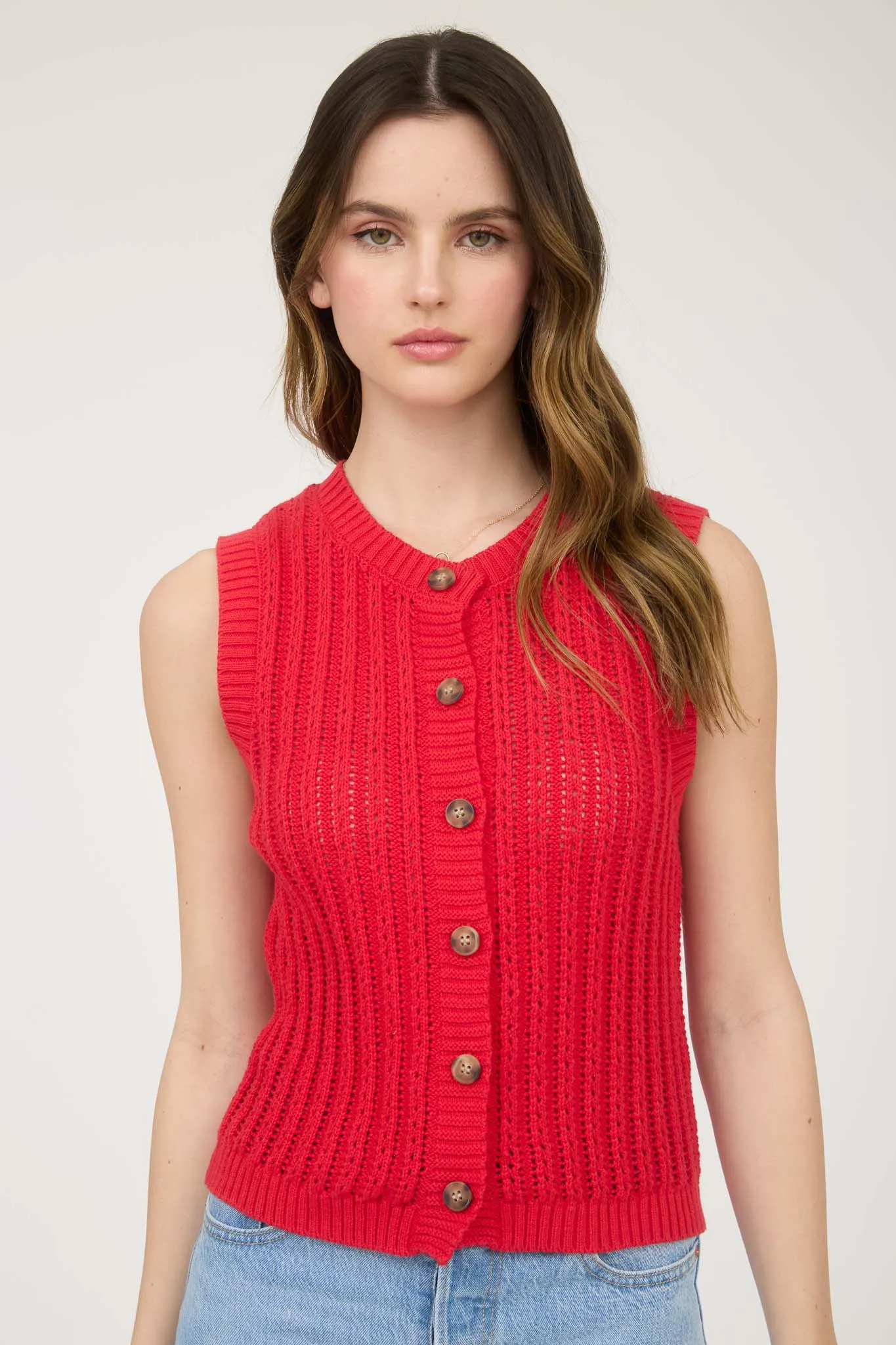 CREW NECK BUTTON DOWN SLEEVELESS KNIT CARDIGAN