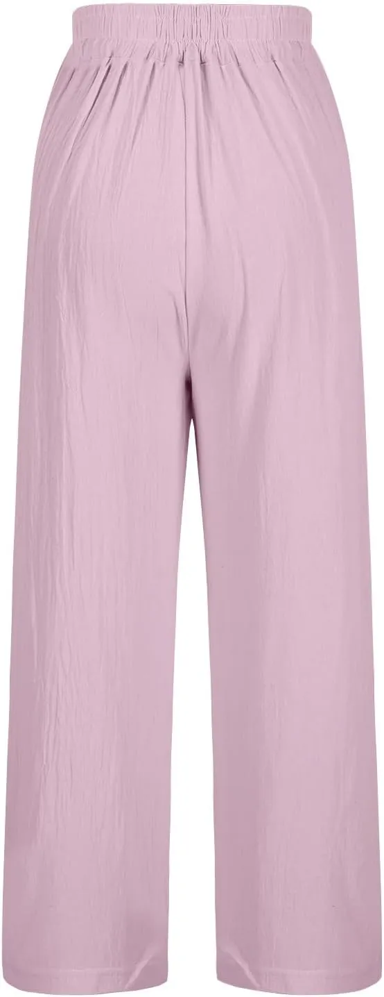 Cropped Linen Pants for Women High Waist Vintage Floral Embroidered Trousers Wide Leg Flowy Palazzo Pants with Pockets