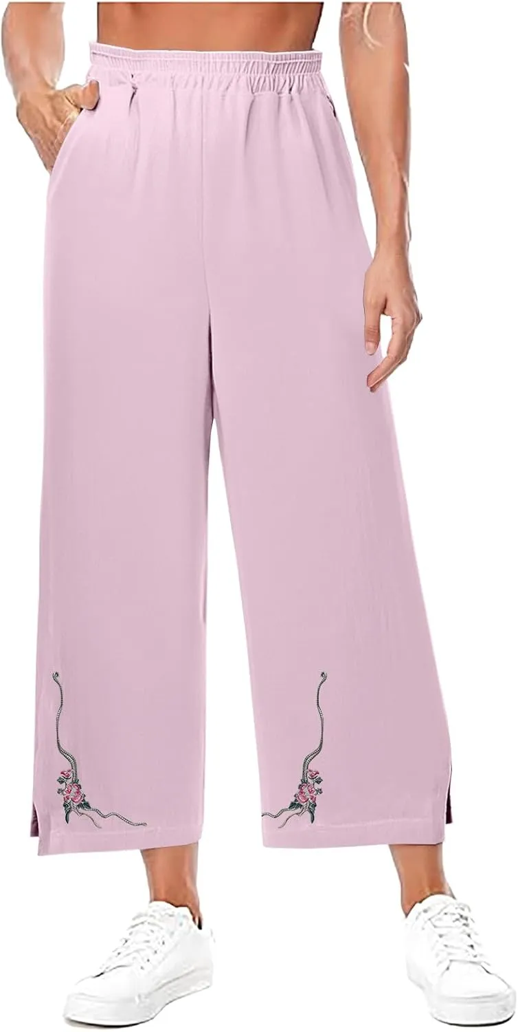 Cropped Linen Pants for Women High Waist Vintage Floral Embroidered Trousers Wide Leg Flowy Palazzo Pants with Pockets