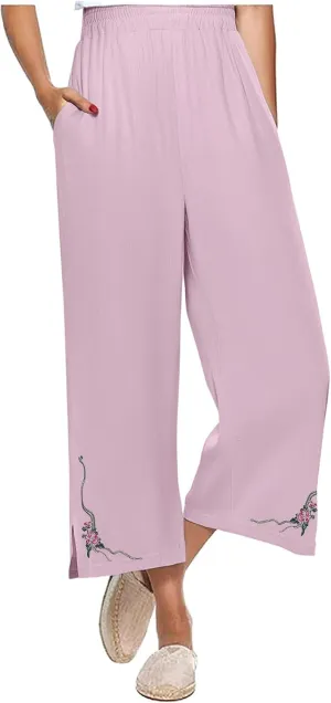 Cropped Linen Pants for Women High Waist Vintage Floral Embroidered Trousers Wide Leg Flowy Palazzo Pants with Pockets
