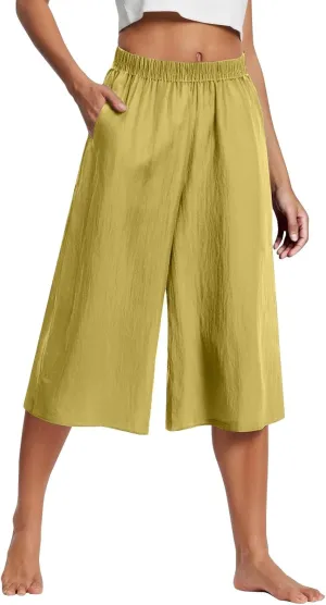 Cropped Linen Pants Women Plus Size Elastic Waist Wide Leg Lounge Pants with Pockets Comfy Summer Cotton Beach Pants