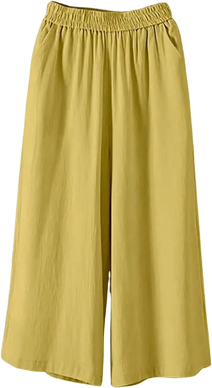 Cropped Linen Pants Women Plus Size Elastic Waist Wide Leg Lounge Pants with Pockets Comfy Summer Cotton Beach Pants